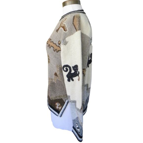 Peruvian Baby Alpaca Primitive Animal Intarsia Sweater Neutral Beige Tan Small - Picture 3 of 10